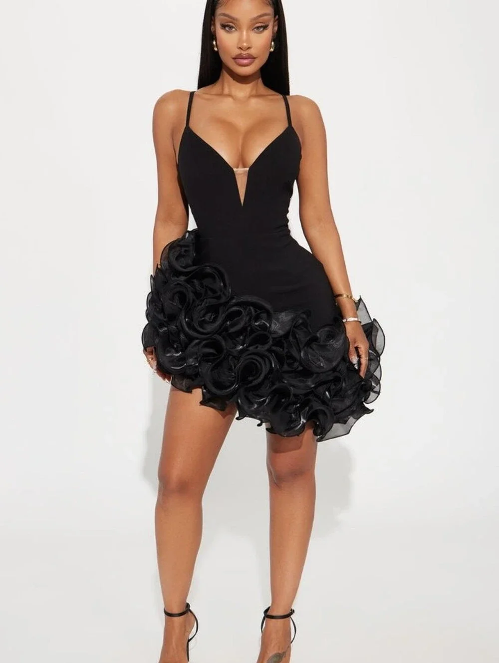 Black Ruffle Hem Spaghetti Strap Mini Dress